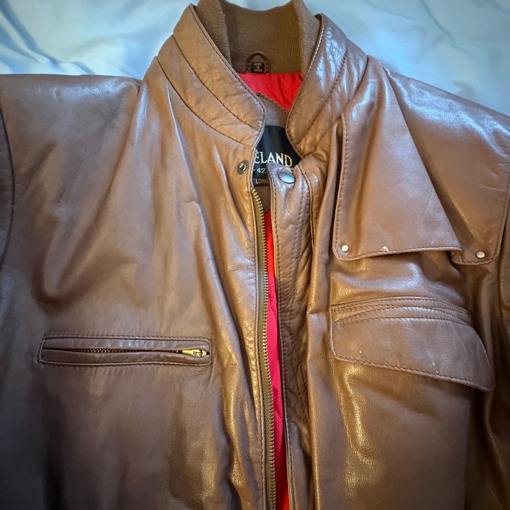 Lakeland Brown Leather Long Jacket Band Collar Zip Button Men's 42L